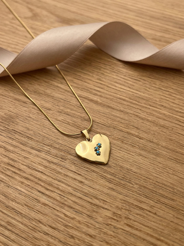 Gold Heart Pendant Blue Stone Chain
