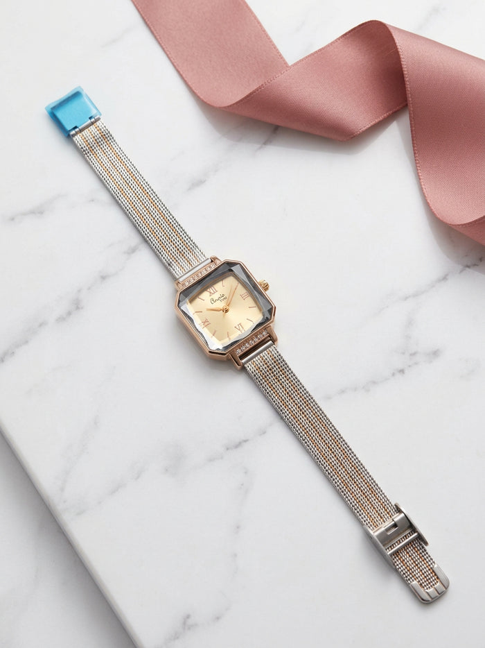 Square Dial Two-Tone Mesh Strap Watch