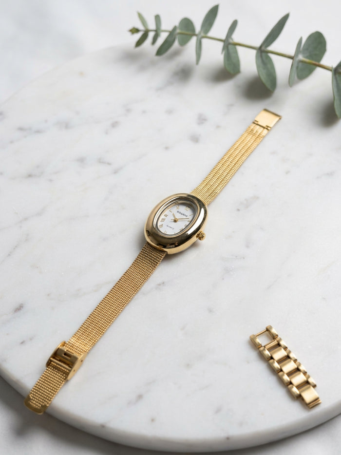 Oval Dial Gold Mesh Strap Watch for Women