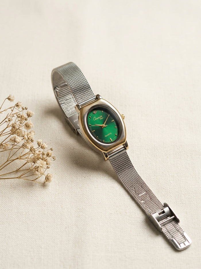 Green Dial Silver Mesh Strap Watch for Women