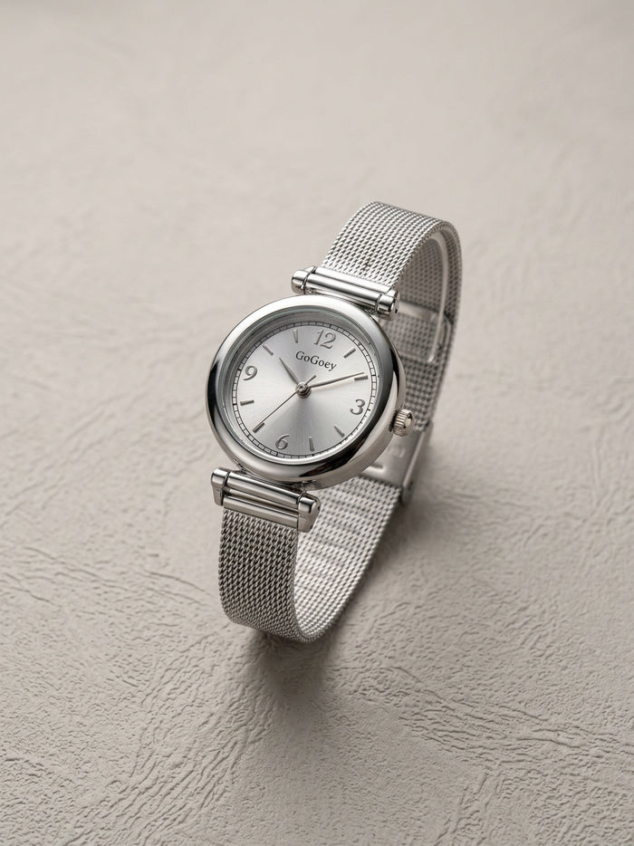 Silver Round Dial Mesh Strap Watch for Women