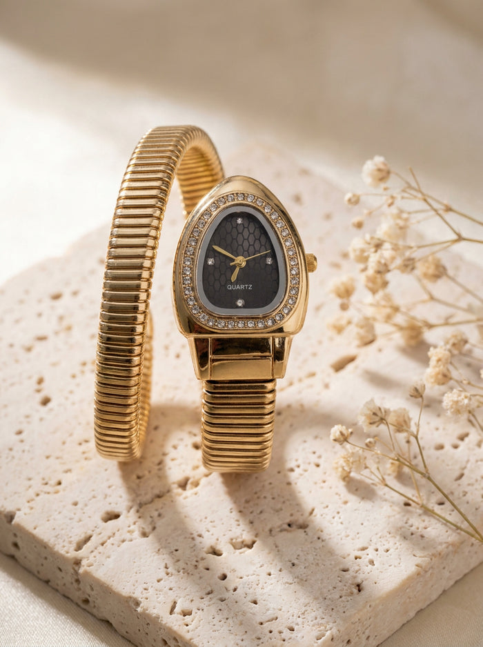 Black Dial Gold Snake Coil Watch