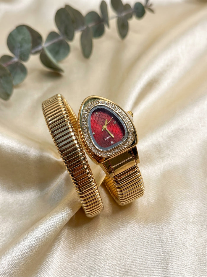 Red Dial Gold Snake Coil Watch