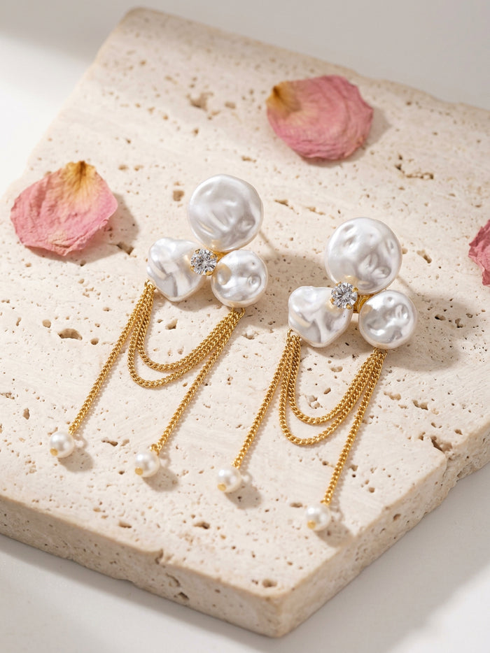 White Circle Stone Pearl Tassel Gold Earrings