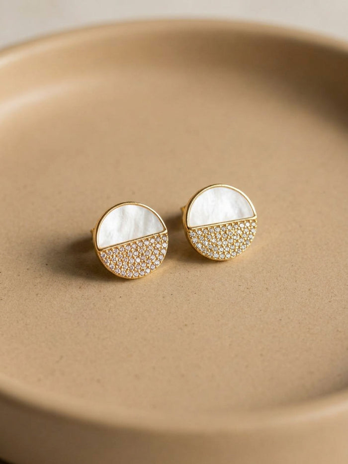 Pearl White Half Stone Round Stud Earrings