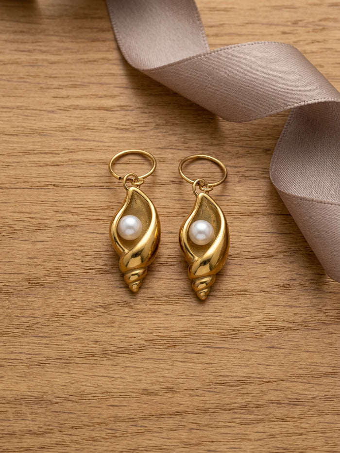 Pearl Conch Shell Gold Hoop Earrings
