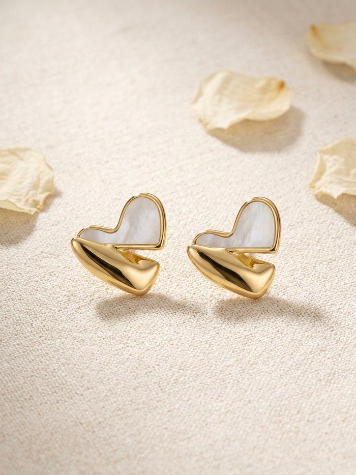 Pearl White Heart Gold Stud Earrings