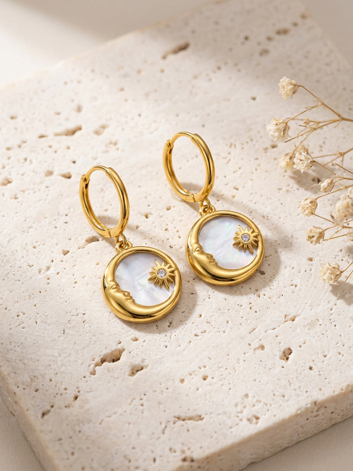Moon Star Pearl White Gold Hoop Earrings