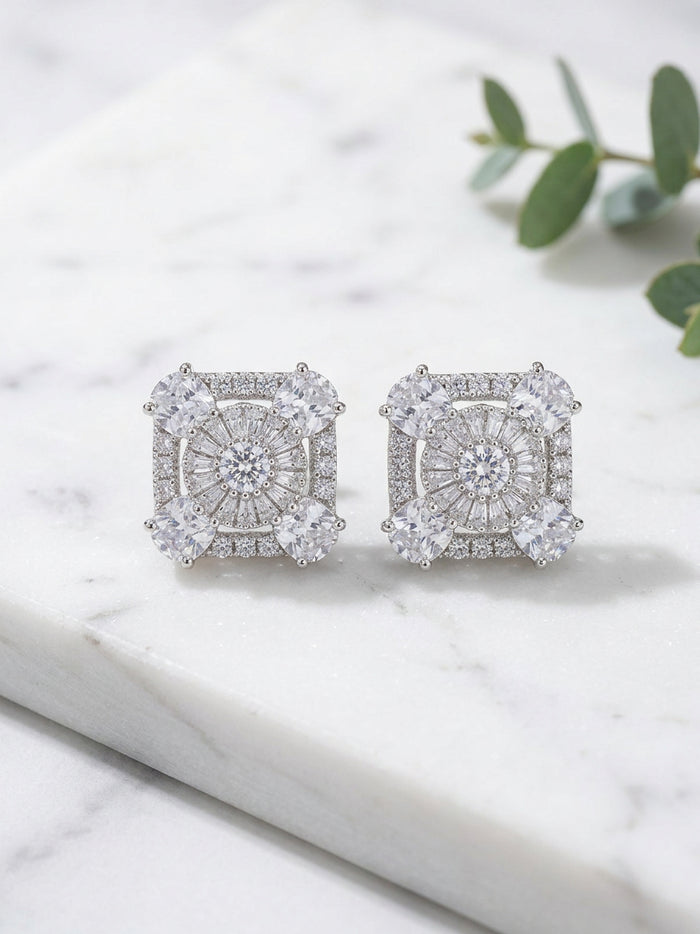 White Stone AD Square Stud Earrings