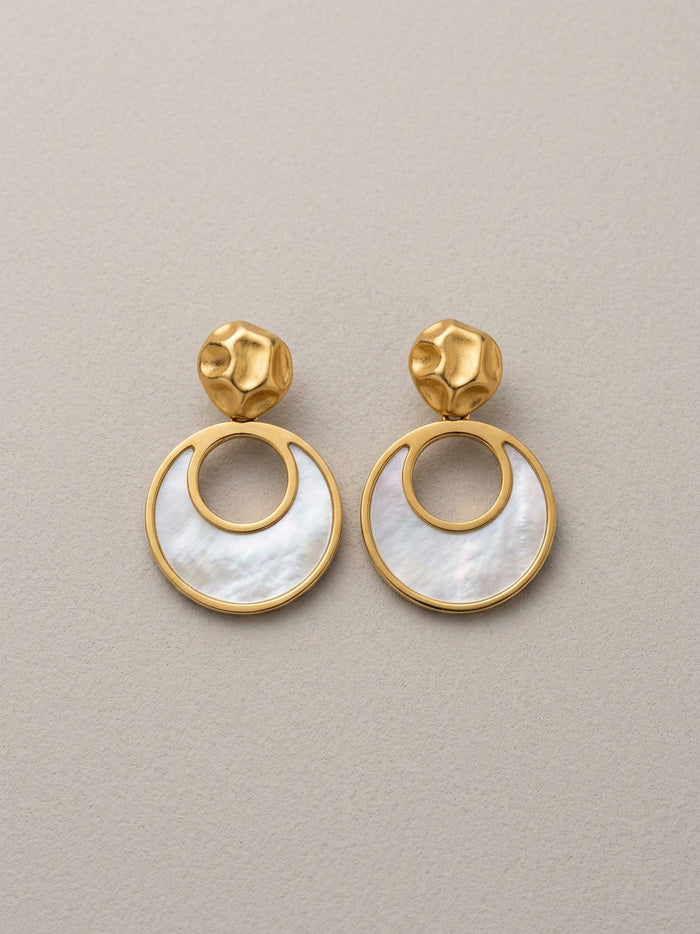 Pearl White Open Circle Gold Drop Earrings