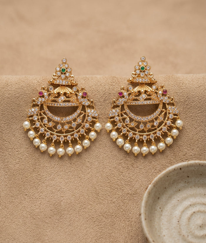 Zircon Peacock Pearl Drop Chandbali Earrings
